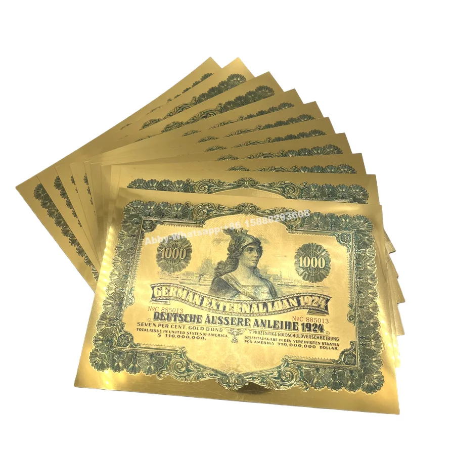 

Different serial number gold German bonds $1000 Golden Foil banknote Germany Art Plastic With UV light For collection Gift