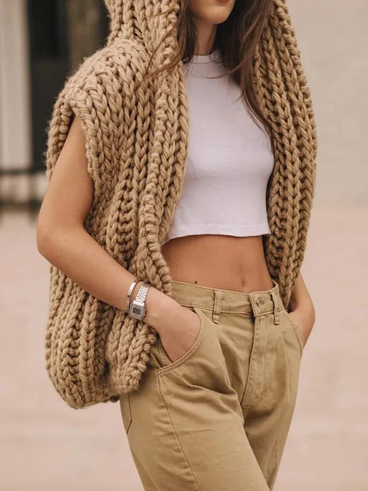 Вязаные свитера без рукавов для отдыха женский простой кардиган с капюшоном в