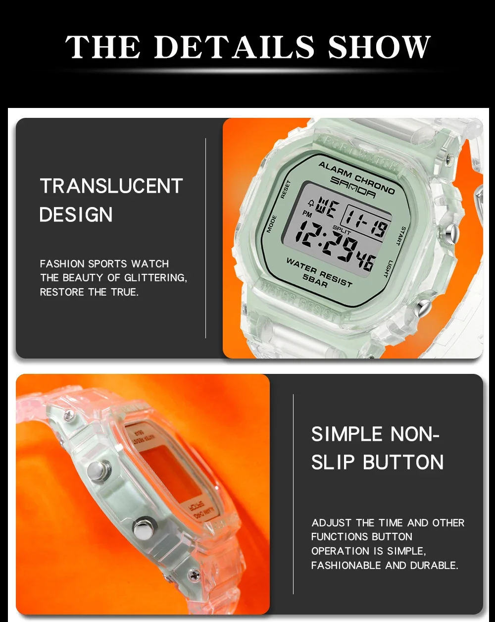 Sanda 2009 Квадратные прозрачные электронные часы с ремешком многофункциональные