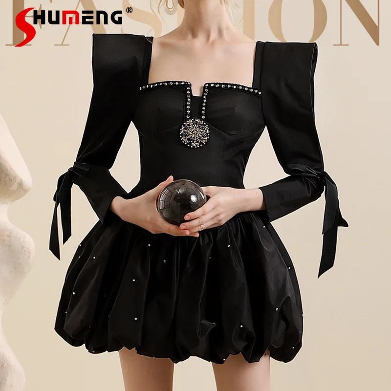 

Hepburn Black Princess Pettiskirt Dress 2022 Spring New Sexy Off-Shoulder Hollow-out Beaded Bowknot Slim Short Dress Party Women
