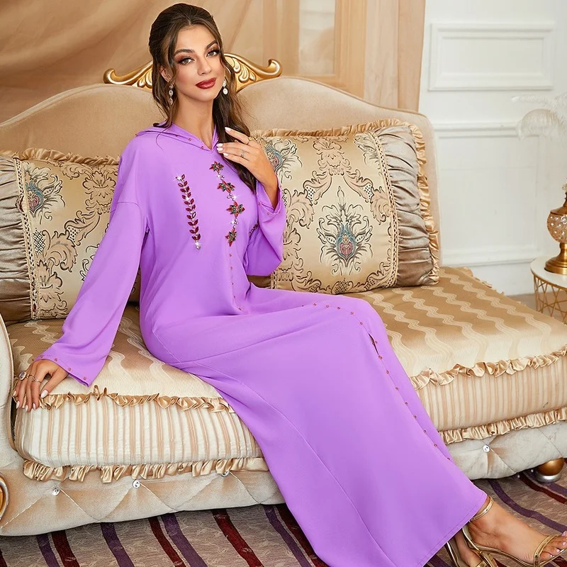 Fashion Muslim Dress Ramadan Purple Hand Sewn Diamond Hood Ladies Arabian Dress 2022 New Kaftan Djellaba Moroccan Vestidos