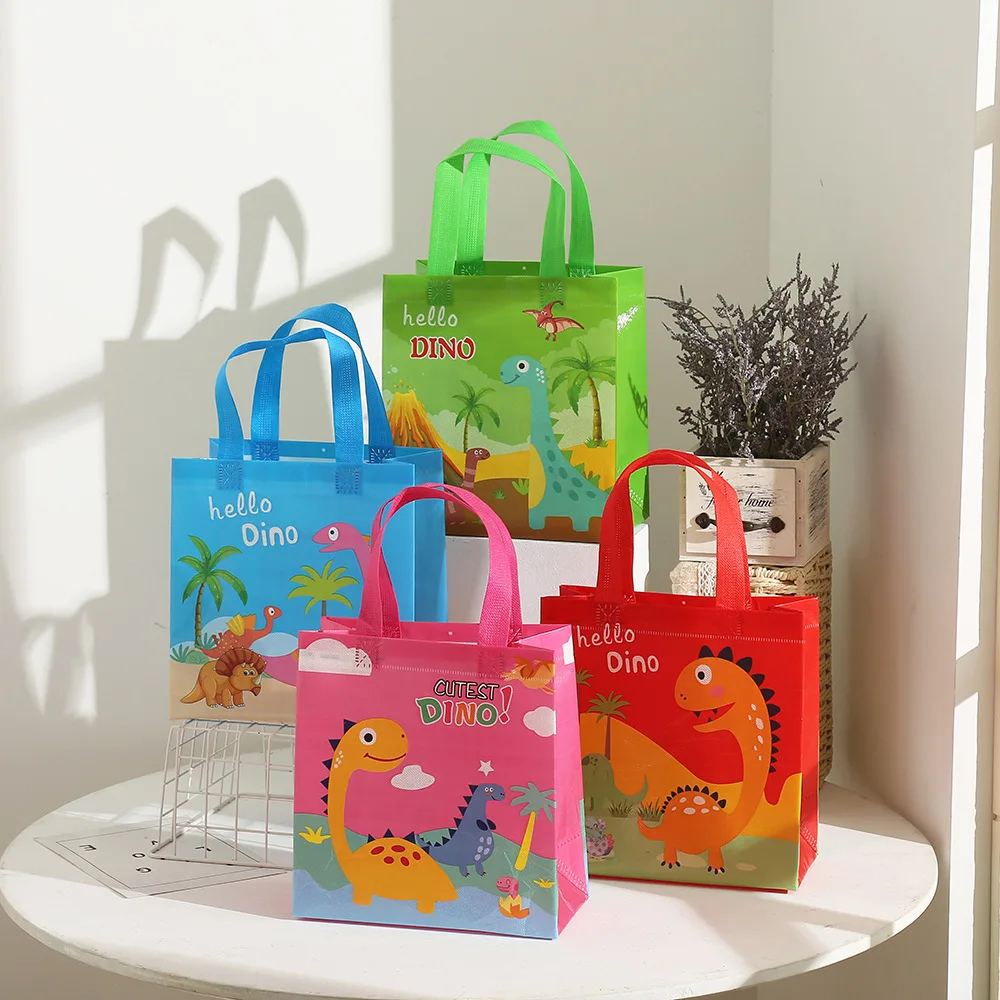 24/50Pcs Cartoon Kids Birthday Gift Packaging Dinosaur Cow Horse Recycled Favor Bag With Handle Blue Shopping Bag For Retail