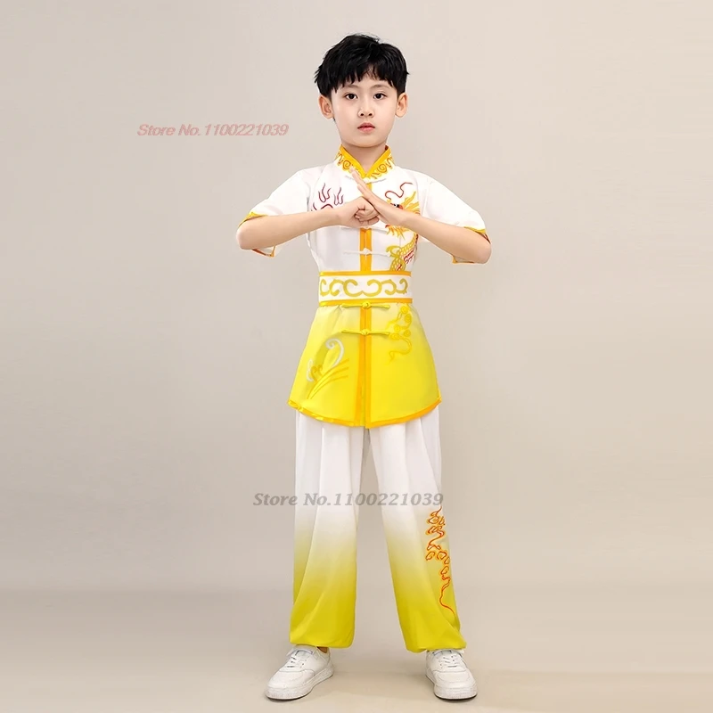 2024 chinese traditional children wushu tai chi martial arts kung fu suit dragon print stage performance training exercise set