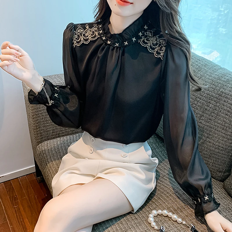 

Autumn Blouse Womens Super Fairy Top 2023 New Stand-up Collar & Lace Stitching Ruffle Long-Sleeved Blouses Femme