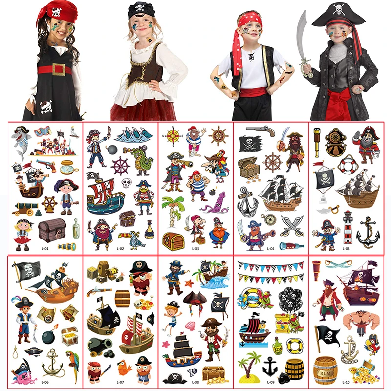 

Pirate Tattoo Stickers Temporary Tattoo Neverland Pirated Cannon Powder Jake Captain Body Sticker Birthday Party Favors Supplies