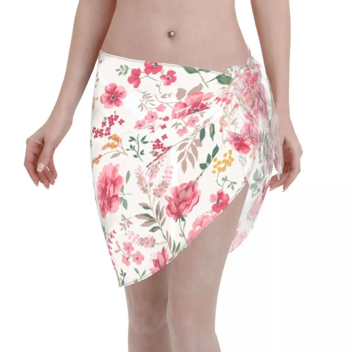 

Sexy Women Pink Flowers Floral Sheer Kaftan Sarong Swimsuit Bikini Beach Cover Ups Skirt Lace-up