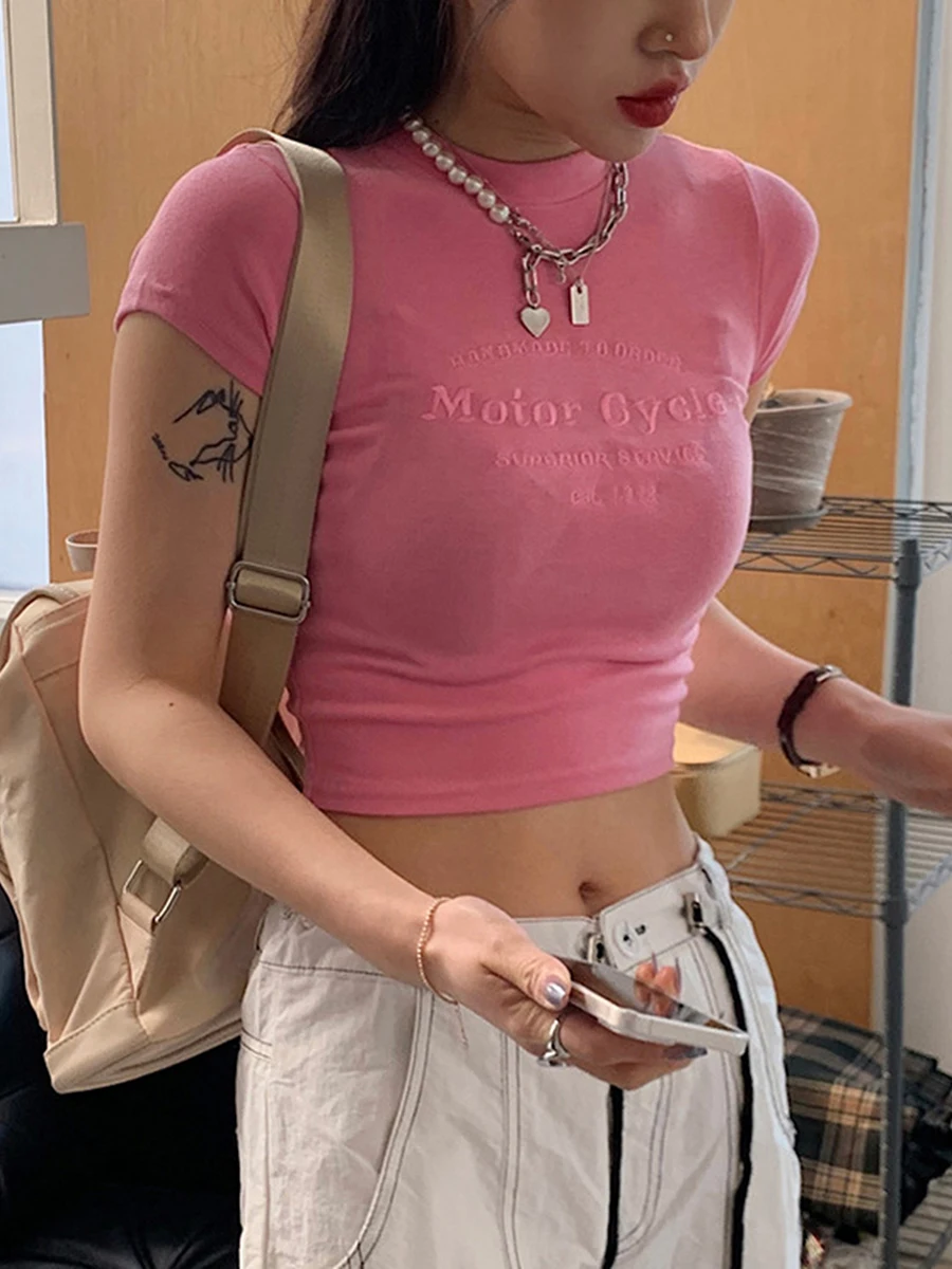 

Y2k Women's Pink Letter Embroidery Round Neck Cropped Tops Short Sleeve Slim Fit Korean Fashion Baby Tees Clubwear