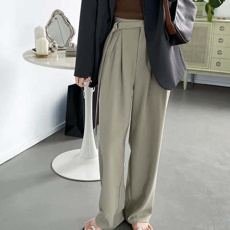 High Waist Wide Leg Suits Pants Women Elegant Simple Solid Straight Ladies Trousers Fashion Loose Belt Office Pants For Woman