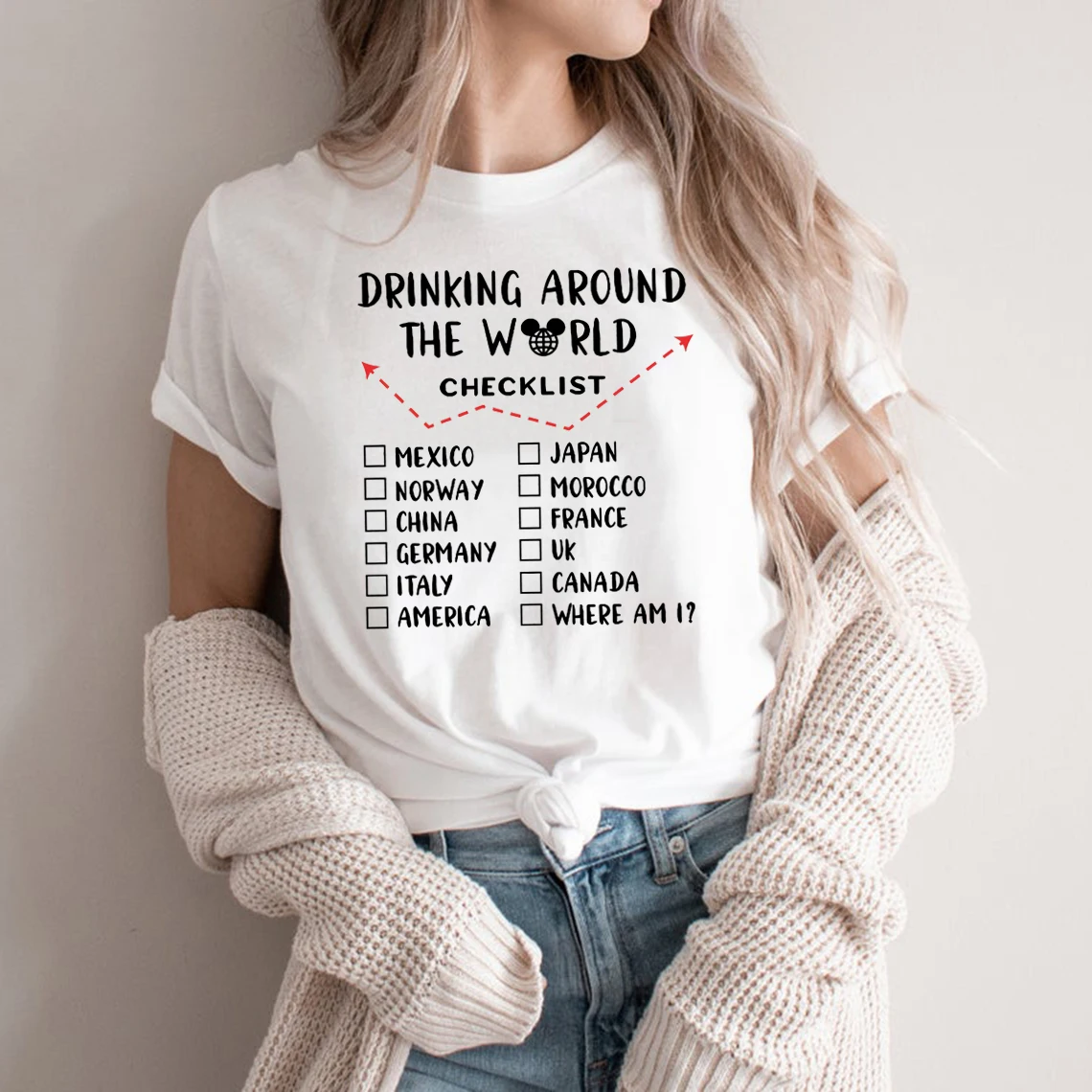 

Drinking Around The World Checklist Shirt Epcot Drinking Wine and Food Unisex Tshirt Casual Print Graphic Tops for Women