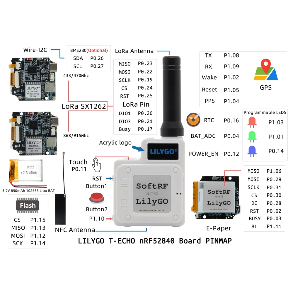 LILYGO® TTGO SotfRF T-Echo NRF52840 LoRa SX1262 433/868/915MHz Wireless Module L76K GPS 1.54 E-Paper BME280 Sensor for Arduino |