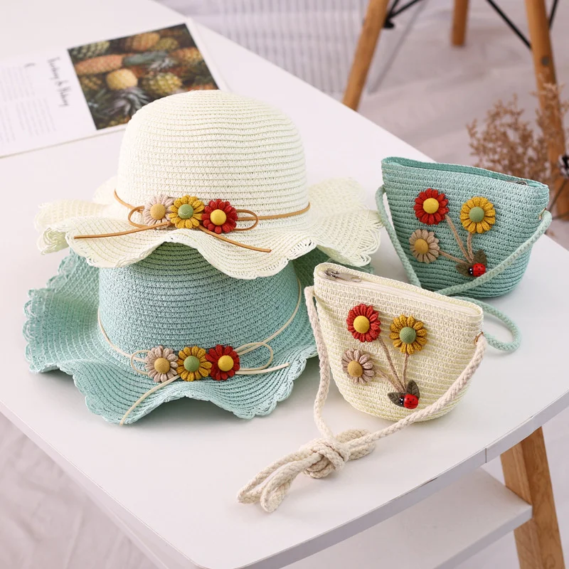 

Girls Flower Summer Wide Brim Hat Shoulder Bag Casual Toddler Baby Girls Cute Straw Hat Sun Beach Travel Sunshade Caps