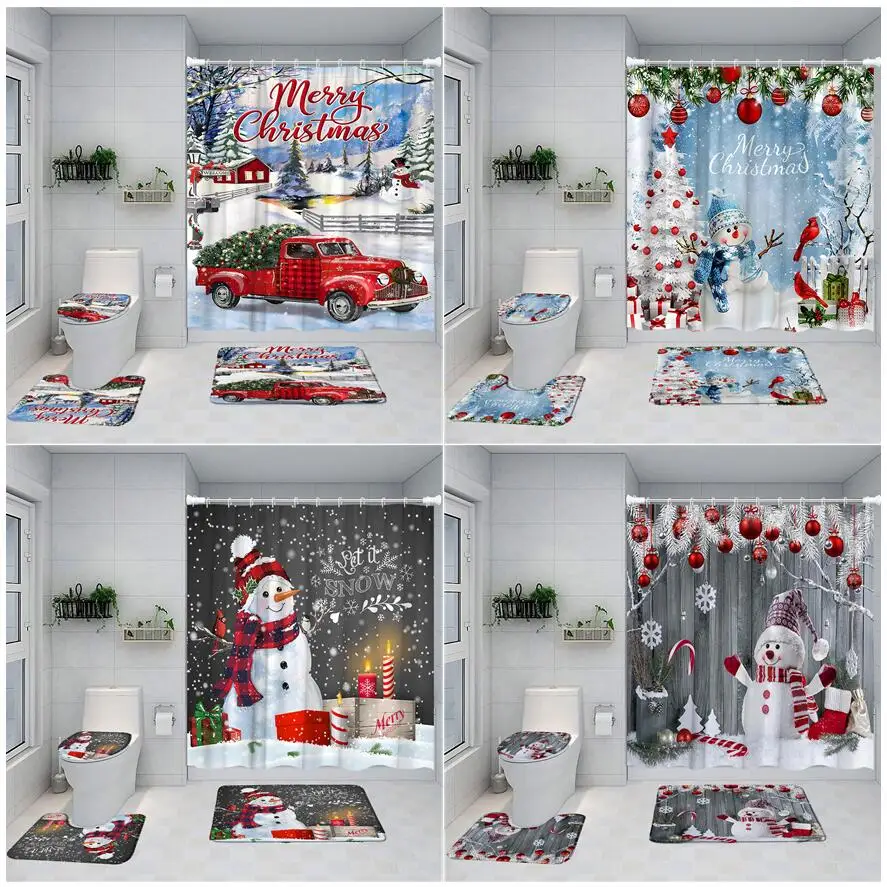 Рождественский комплект штор для душа Снеговик Рождественские елки Красный