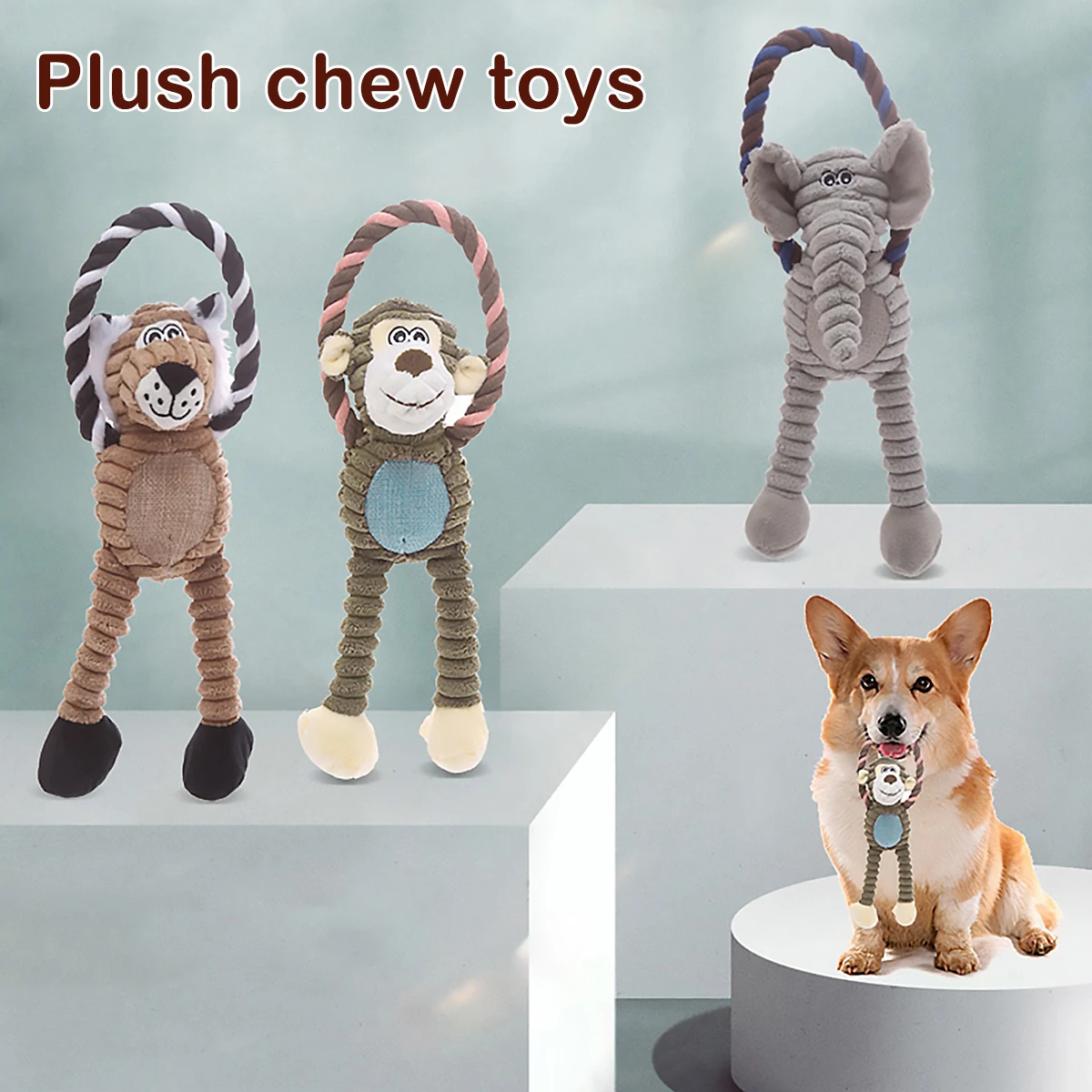 

3Pcs Dog Chew Toys Cute Elephant Monkey Lion Shape Pets Squeak Sound Toy Soft Plush Puppy Playing Training Doll Toys