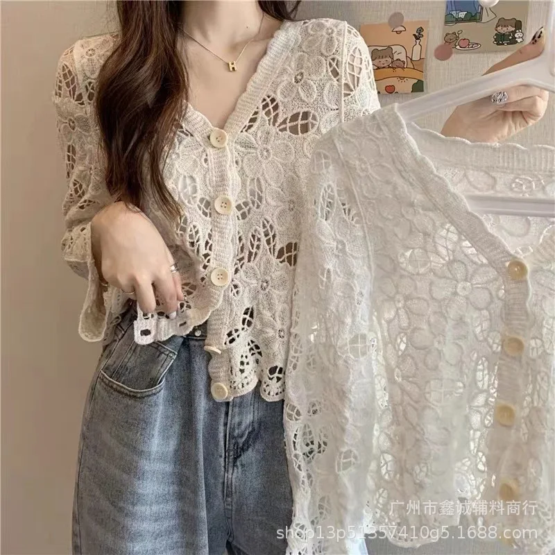 Элегантный вязаный топ с полыми крючками во французском стиле женский свободный