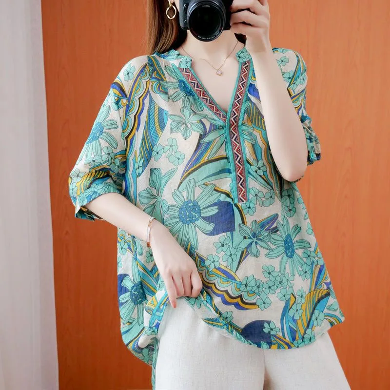 

Korean Fashion Vintage Loose Casual Women Blouse Printing Cotton Temperament 2023 New Style Women's Clothing Chic Tops T-Shirt