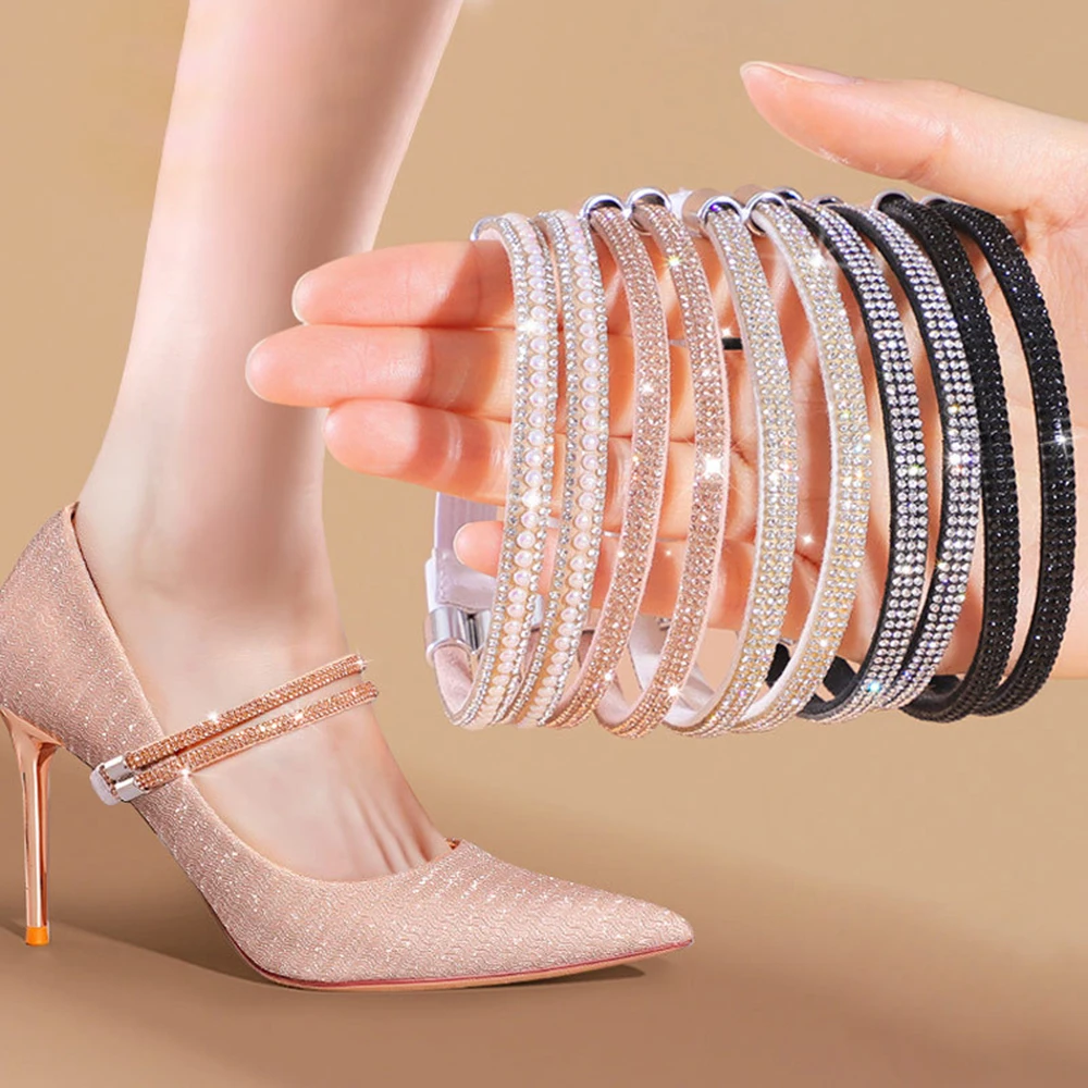 

1Pair Women Anti-loose High Heels Elastic Shoe Strap Belt Adjustable Shiny Diamond No Tie Lazy Shoelace Buckle Accessories