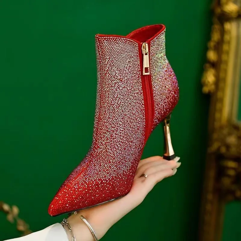 

Женские свадебные ботинки стразы, остроносые ботинки на тонком каблуке, на молнии сбоку, на высоком каблуке, Осень-зима 2023