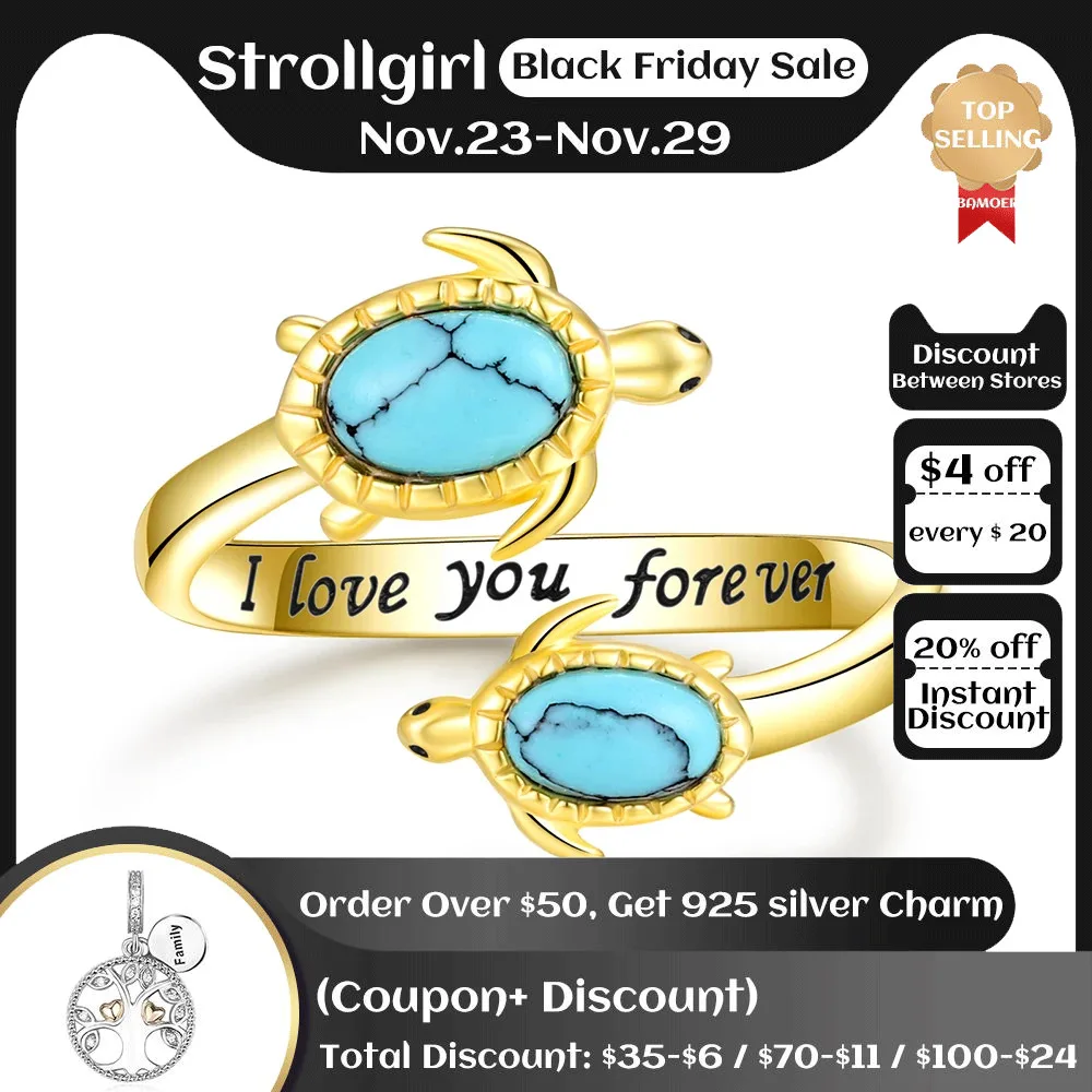 

925-Sterling-Silver Turquoise Sea Turtle Ring Adjustable Open Nature Ocean Mother Daughter Rings Jewelry Animal Gifts for Women