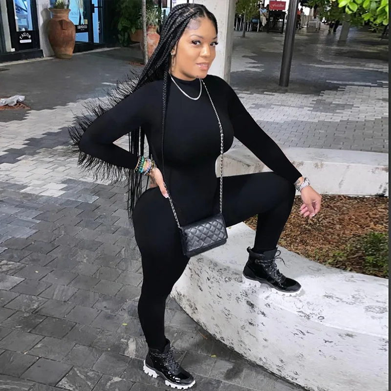 

Black Turtleneck Feather Long Sleeve Zip Up Sexy Bodycon Jumpsuit 2022 Fall Winter Streetwear Party Romper Overalls