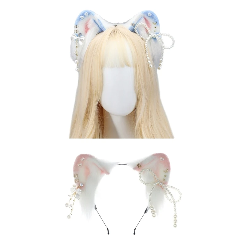 

Students Cat Ear Headband with Pearl Bowknot Decors Carnivals Hair Decors