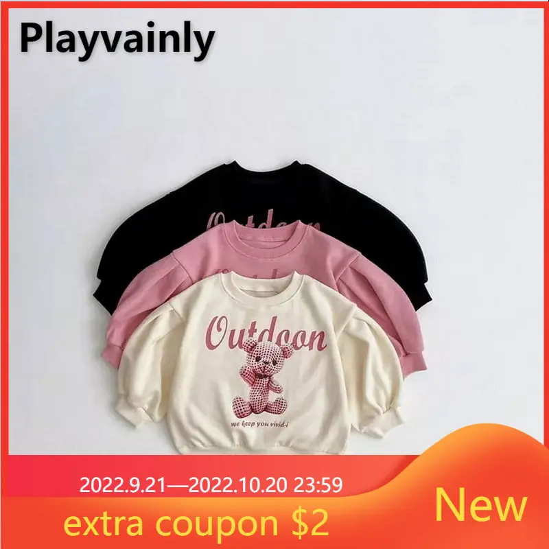 

Осенние толстовки для девочек с мультяшным медведем, круглым вырезом, Хлопковый пуловер с длинным рукавом, свитшоты, детская одежда E22807