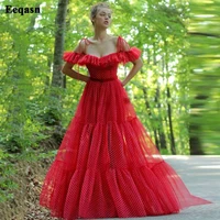 eeqasn red dotted tulle evening dresses spaghetti straps tiered princess prom gowns off shoulder formal party celebrity dress