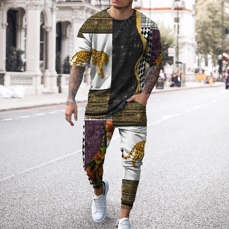 High-Quality Summer Men's Sportswear Short-Sleeved T-Shirt + Trousers Two-Piece 3D Printing Fashion Casual Large Men Tracksuit