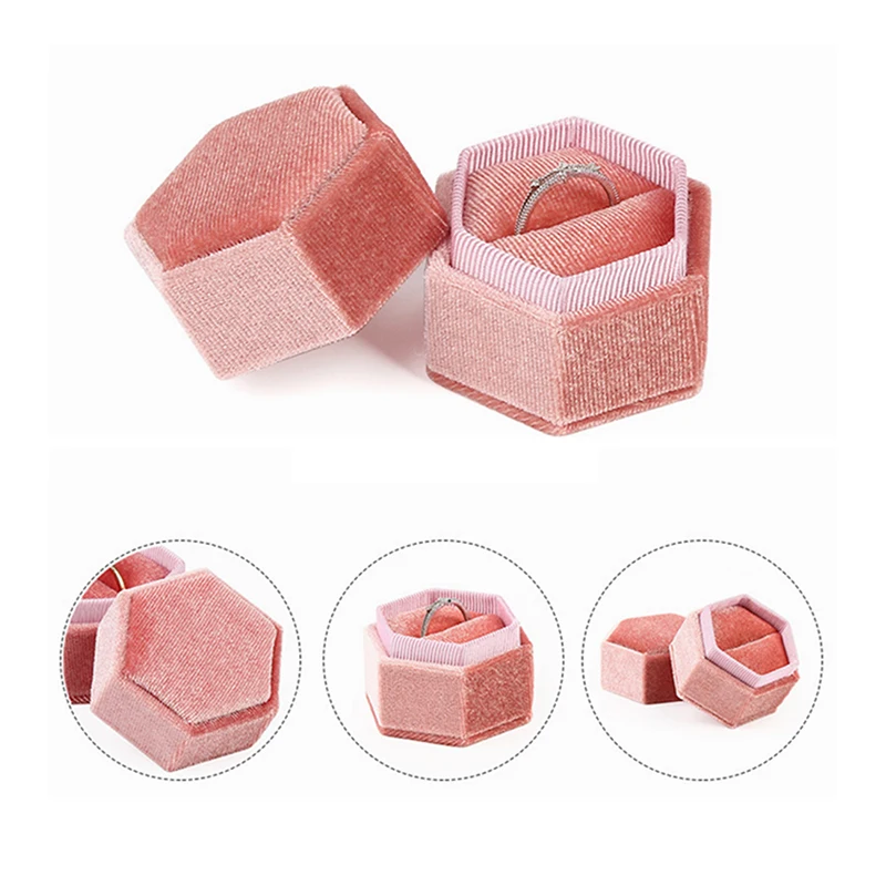 

New Hexagon Velvet Ring Box Jewelry Box Display Holder With Detachable Lid Ring Box Holder For Wedding Engagement 7 Colors
