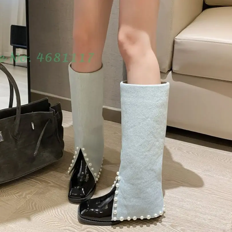 

Turned-over Edge Pearl Knee High Boots Leather Splicing Square Toe Heels Boots Mixed Colors Women High Quality Med Heels Boots