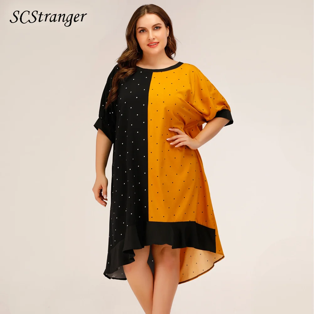 

Spring Summer Plus Size Dress Loose Fashion Contrast Color Dresses Polka Dot Cover Belly O Neck Mid Length Sleeve Women Dress