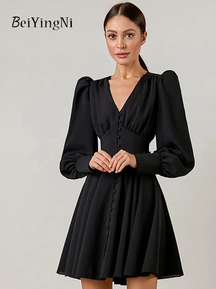 

Женское вечернее мини-платье Beiyingni трапециевидного силуэта с длинным рукавом, однобортное элегантное вечернее платье с V-образным вырезом, ...