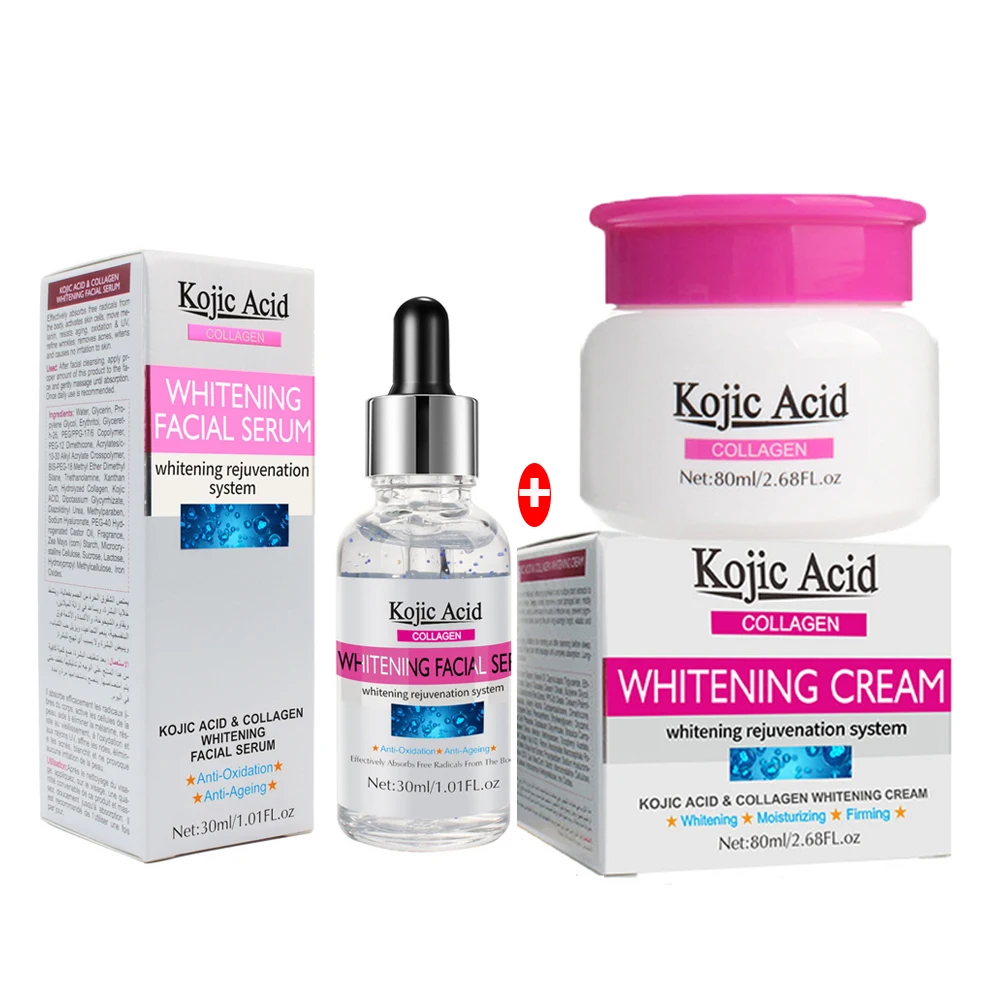 

Kojic Acid Collagen Whitening Facial Serum Hydrating Lighten Freckle Face Essence Anti-oxidation Brightening Cream 2pcs/Set