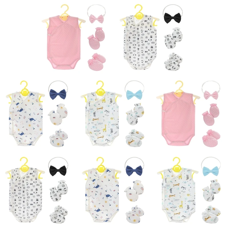 

4Pcs Newborn Baby Sleeveless Onesie Rompers with Mittens Foot Covers Headband