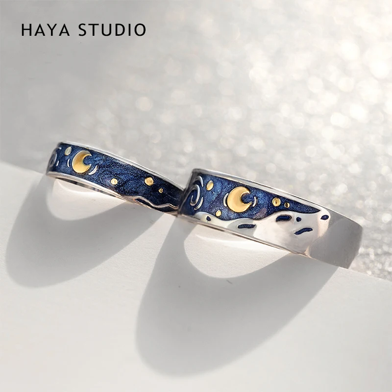 

Haya Studio Van Gogh's Enamel Couple Rings Sky Star Moon S925 Silver Glitter Rings Engagement Ring Wedding Jewelry For Women