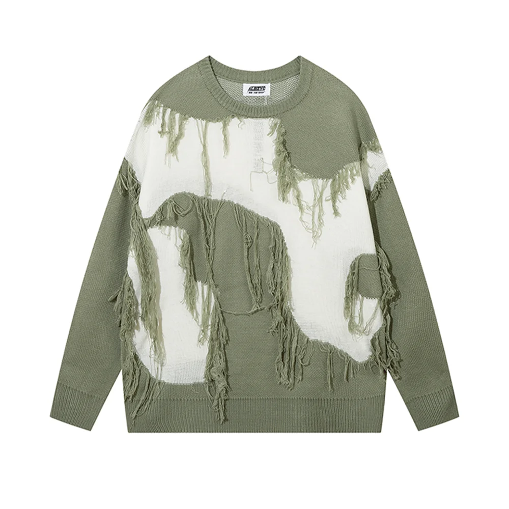

Пуловер с бахромой в стиле пэчворк для мужчин и женщин, винтажный осенний мешковатый вязаный свитер контрастных цветов, Y2k