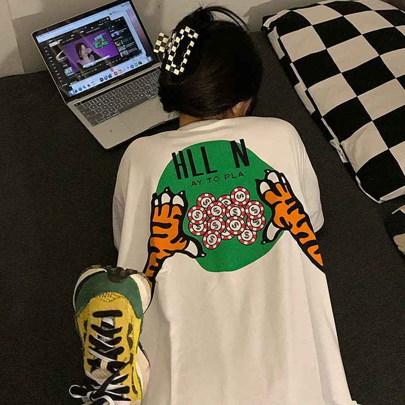 

Women Oversized T-shirt 2022 Loose Tiger Print Top Women Y2K White Gothic T-shirt Cartoon 볼란테 옷