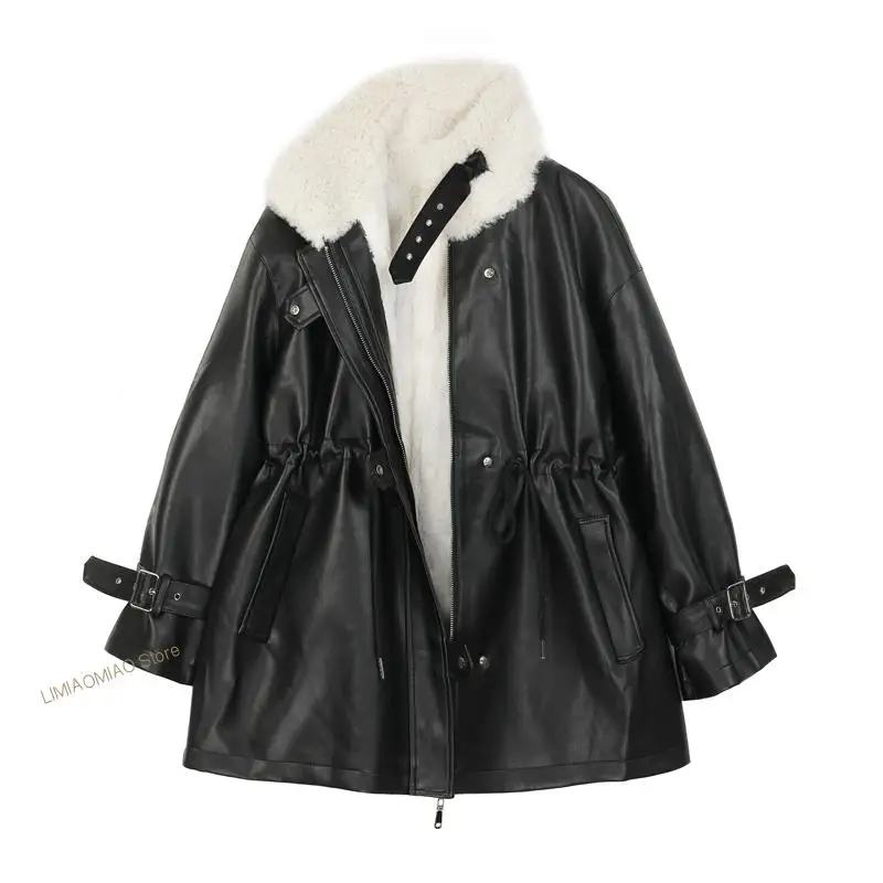 

2022 Faux Fur Coat Women Leather Jacket Autumn Winter Warm Plush Thick Suede Outerwear Lambs Wool Short Motorcycle Coats Female