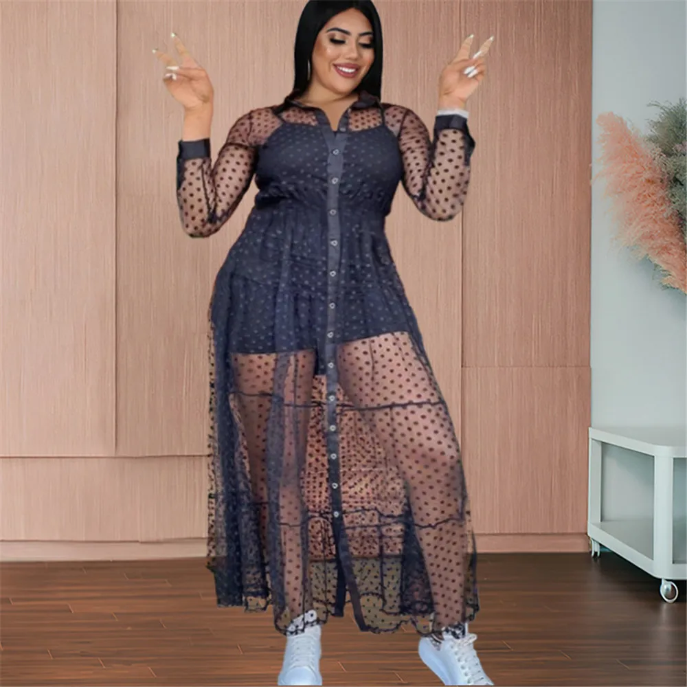 

Women's Dress Black Lapel Sexy Sheer Mesh Dot Long Sleeve Button Cardigan Long Dress Spring Summer New Fashion 2022 Party Dress