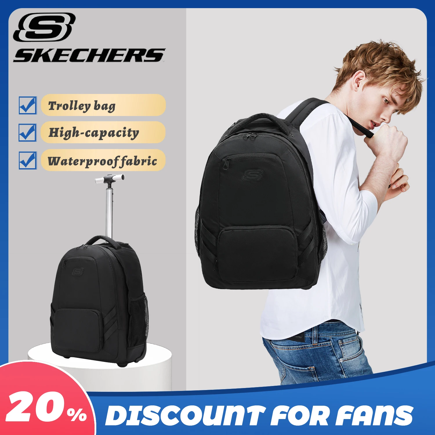 SKECHERS Wheeled Laptop Backpack, Computer Rucksack Trolley Travel Bag Business Work Overnight Waterproof Casual Bag for Men