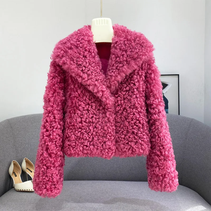 Winter Fashion Women Real Lamb Fur Coat Warm Short Luxury Lamb Fur Shearling Jacket Wool Turn Down Collar Crop Coat  LM5236
