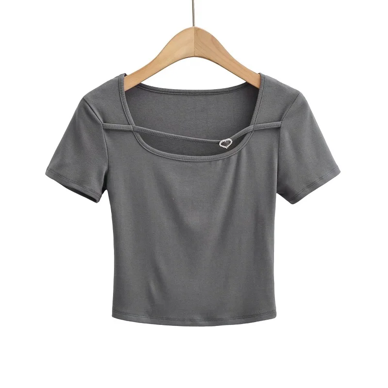 

GG0051 Sexy square collar exposed collarbone short sleeve T-shirt thin slim chic bottoming shirt