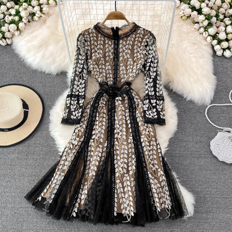 

Женское платье с круглым вырезом, ажурное Сетчатое платье с рукавами до запястья и кружевной вышивкой, лето 2022