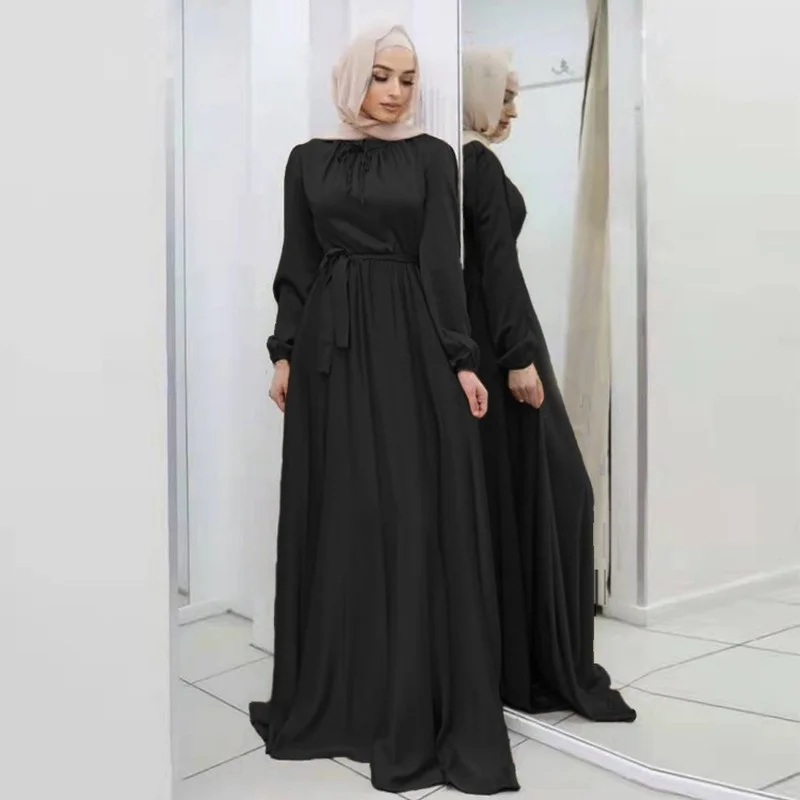 

Muslim Women Dress Kaftan Fashion Abaya Dubai Femme Turkish Feminine Arabian Waist Elegant Satin Dress Islamic Clothes Moroccan