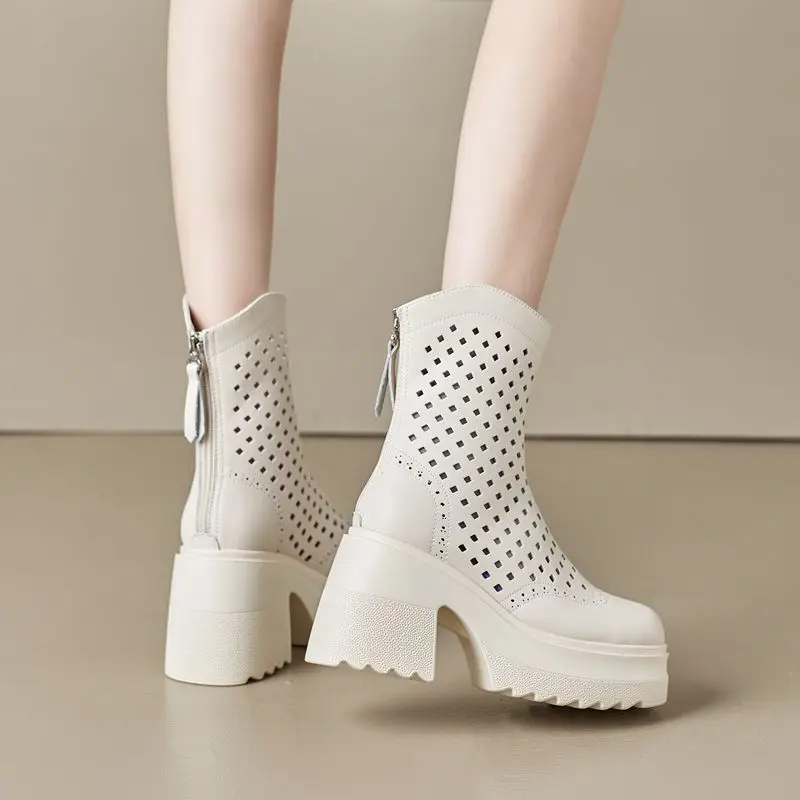 New Genuine Leather Mid Calf Boots Platform Hollow Fashiong Heels Booties Summer Sandals Females Women Boots Long Tube Shoes