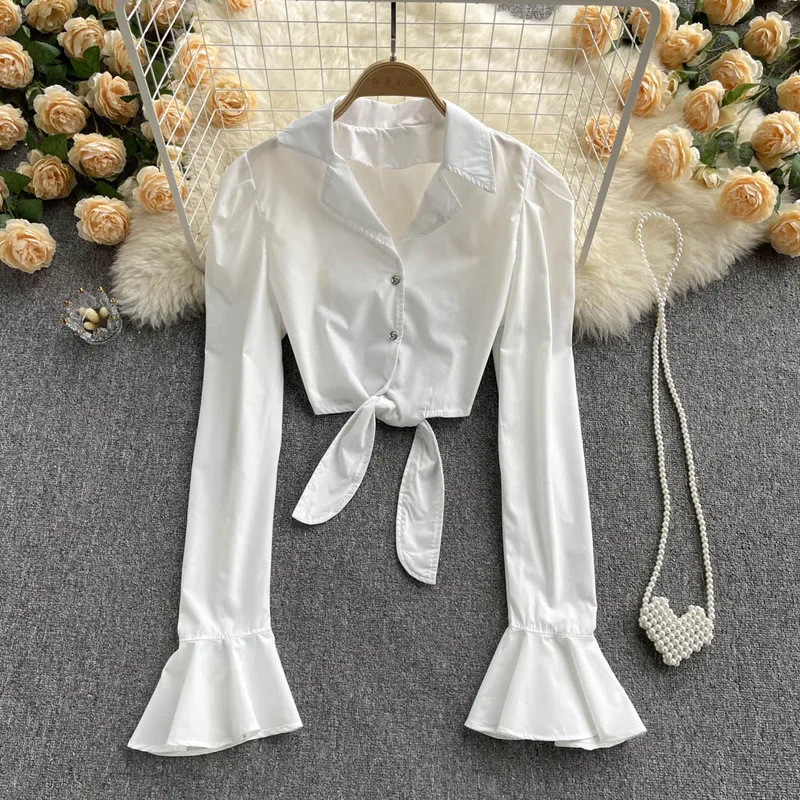 

Button Ruched White Ruffle Puff Sleeve Blouse Shirts Women Long Sleeve Fashion Spring 2022 Clothes Crop Blouses Solid Baddie New