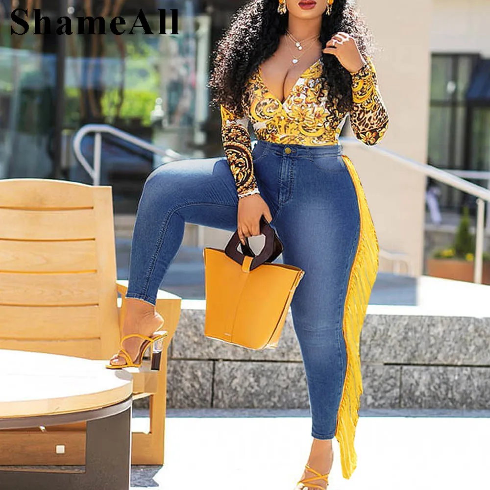 

Plus Size Candy Color Tassel Stiching Stretchy Skinny Jeans 3XL Street Distressed Bodycon Club Party Dance Pencil Denim Pants