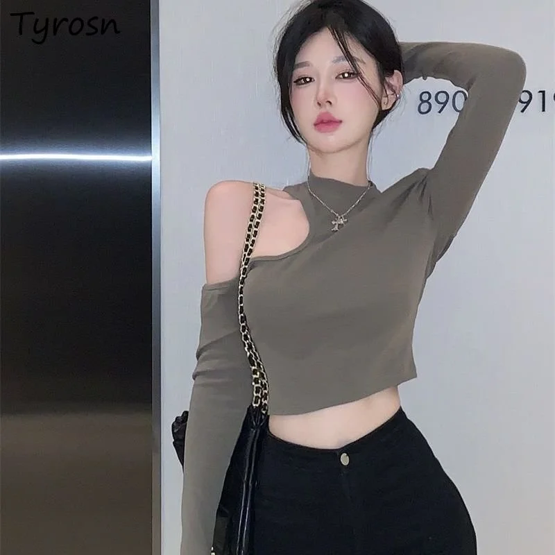 

Футболки женские с вырезами для студентов, пикантные повседневные Дизайнерские однотонные специально облегающие осенние простые универсальные повседневные Элегантные в Корейском стиле