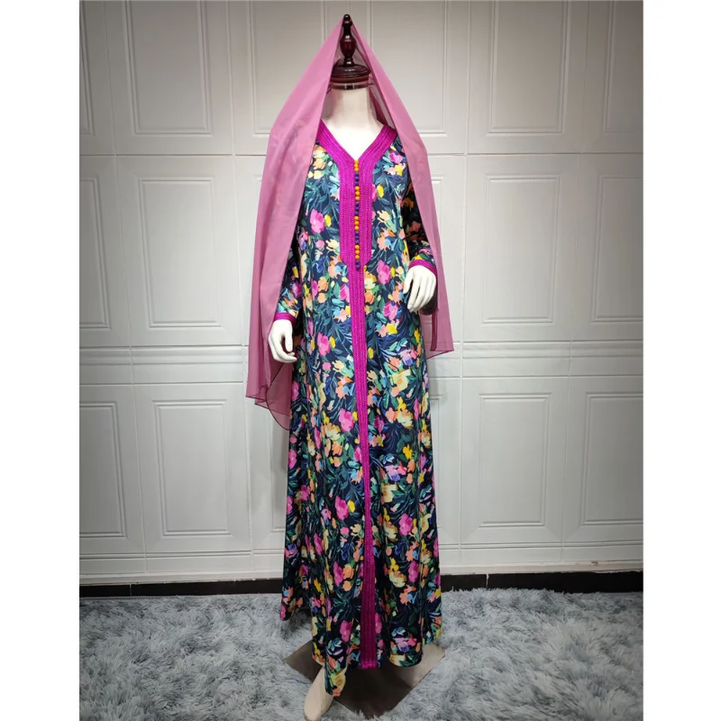Fashion Floral Print Muslim Hijab Dress Women Dubai Abaya Arab Turkey Moroccon Kaftan Islam Clothing Gown Jilbab Caftan Festival