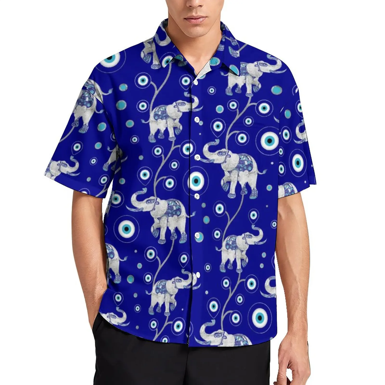 

Evil Eye Elephant Casual Shirts Good Luck Amulet Vacation Shirt Summer Streetwear Blouses Man Pattern Plus Size 4XL