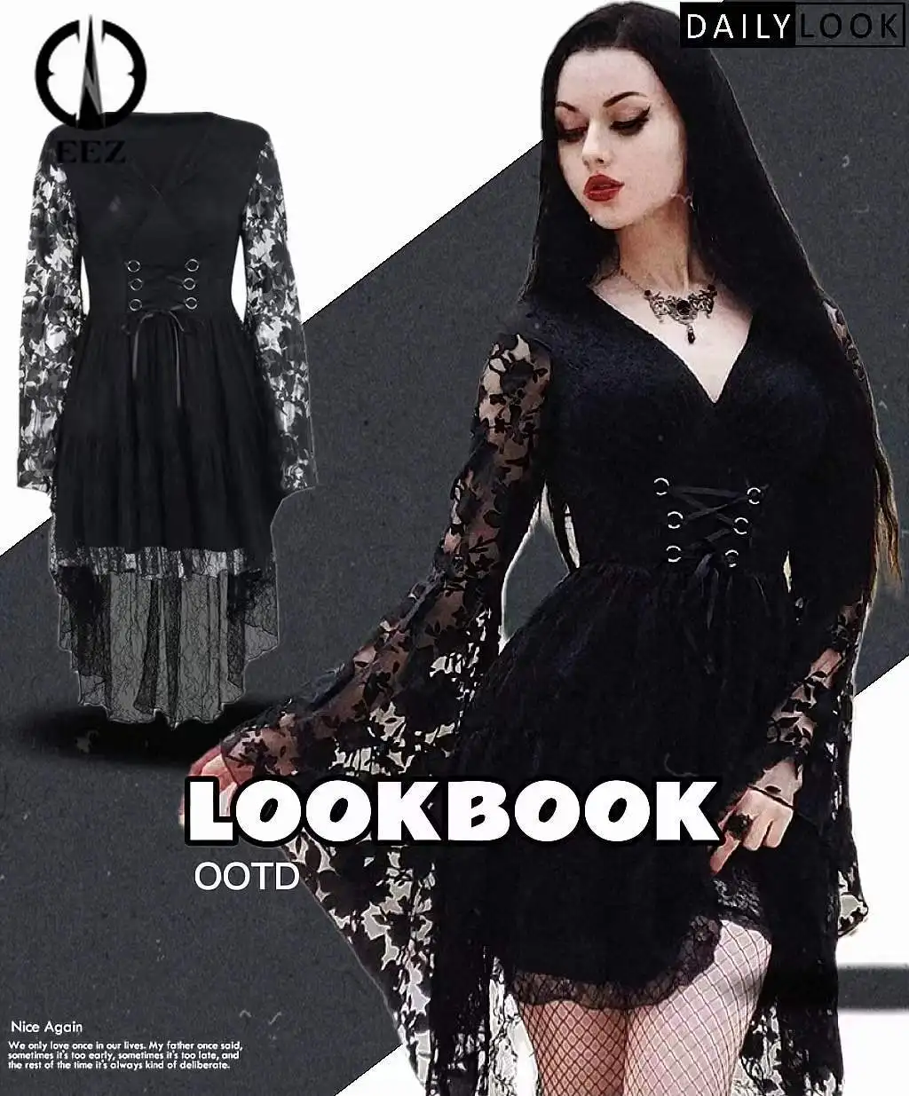 

Goth Ancient Black Dress Lace Long Sleeve Party Dress Gothic Sexy V-neck Bandage Elegant Dresses for Women Summer Baddie Clothes
